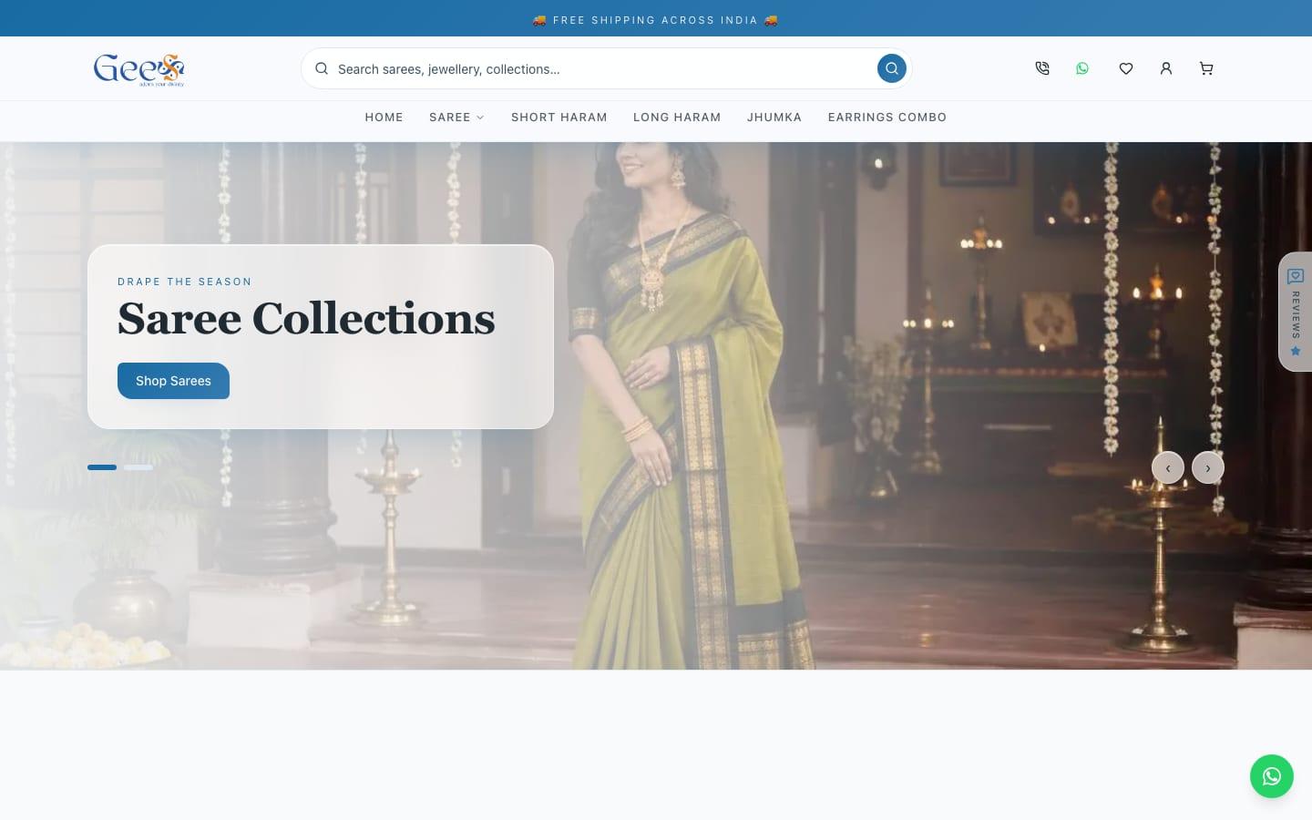 GeeStores — Jewellery, Sarees & Festive Collections — desktop preview